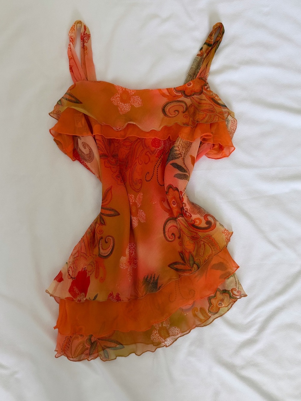Vintage Y2K 100% Silk Paisley Ruffle Cami Top
Orange Boho Fairy